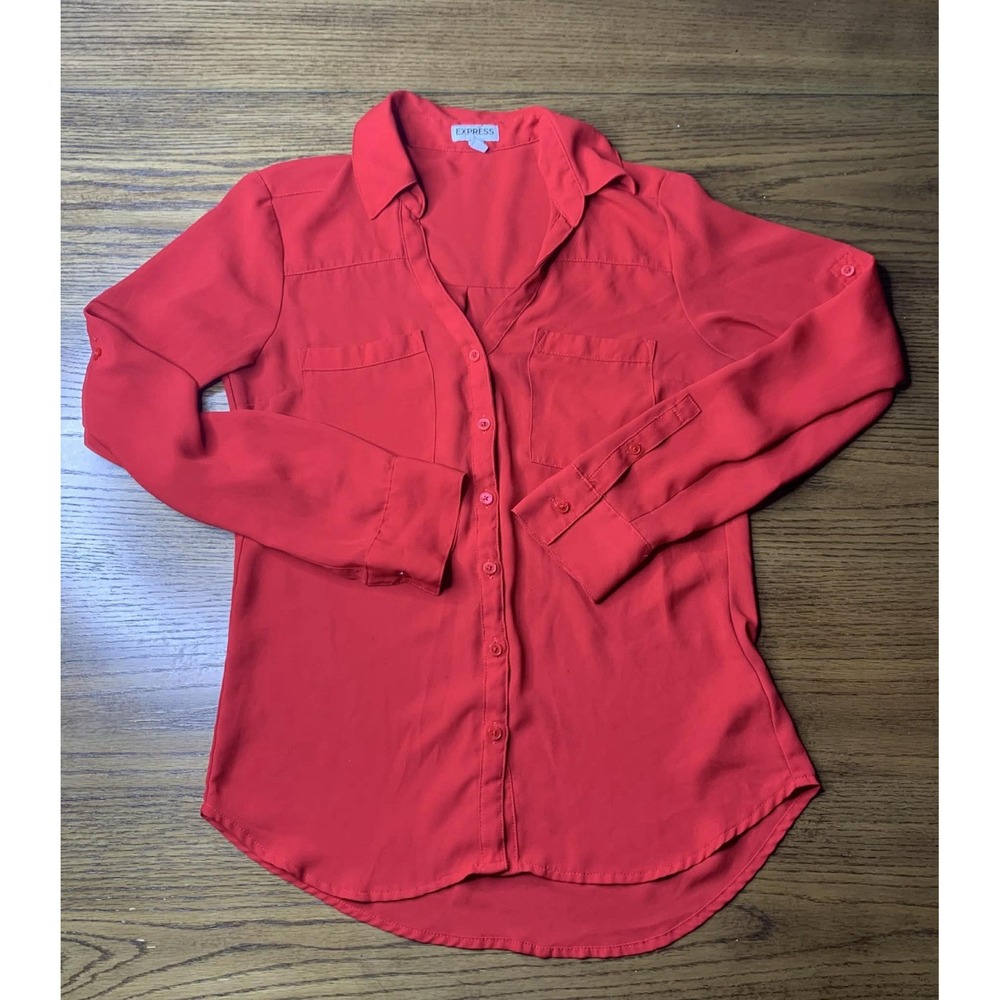 Express The Portofino Shirt Women's XS Red Long Sleeve Button Front Blouse